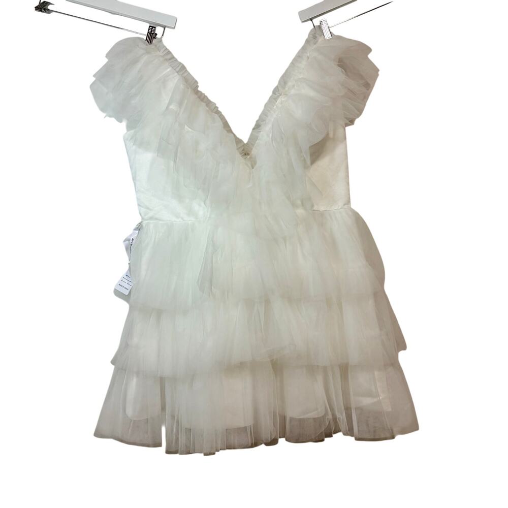 Miss Veil Women’s Layered Tulle Double V Neck Mini Dress White Size XL NWT